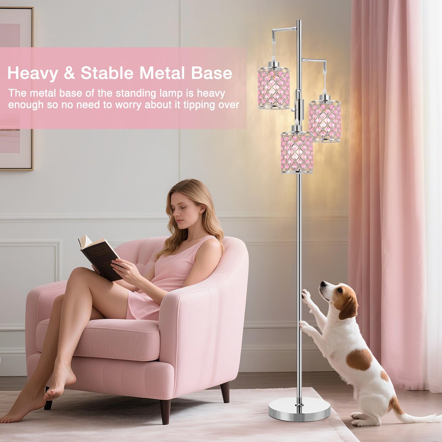 GyroVu Pink Crystal Floor Lamp, 3-Light Metal Standing Lamp, Easy Assemble, Model G-1FL-1769A