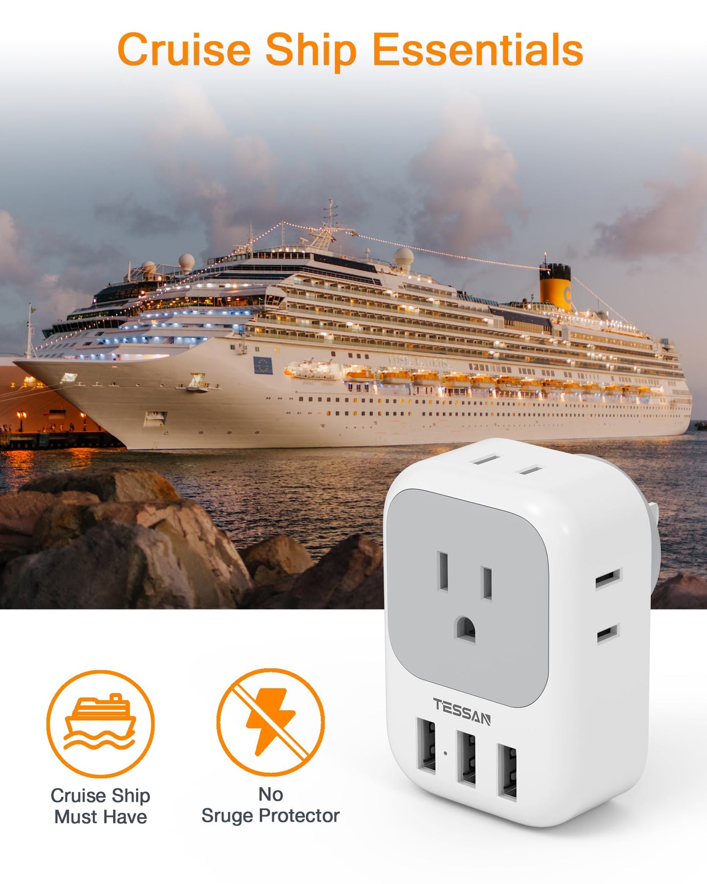 Tessan Usb Charger Block, Wall Plug Adapter With Electrical 4 Box Splitter 3 Usb Wall Charger Ports, Multi Plug Outlet Extender
