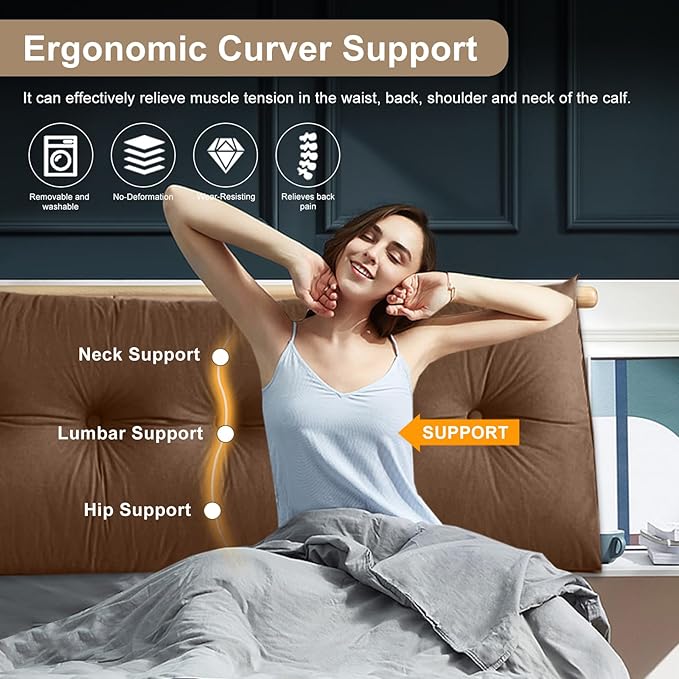Large Triangular Headboard Pillows Long Backrest Positioning Support Bolster Cushion for Daybed Fluffy Quality Plush Body Wedge Pillow with Removable Cover(Dark brown-Queen-59x8x20in)