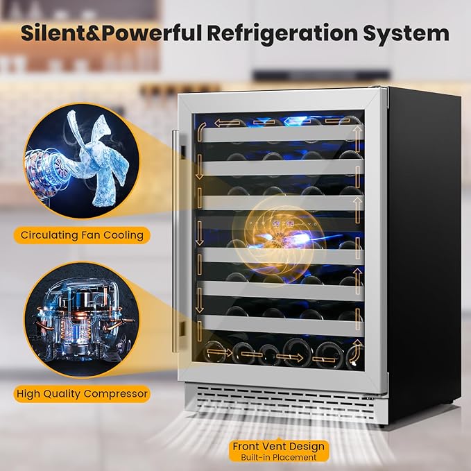 24 Inch Wine Cooler Refrigerator Under Counter,54 Bottle Dual Zone Wine Cooler,New Upgrade Built-in/Freestanding,Seamless Reversible Stainless Steel Door Wine Fridge for Home and Kitchen