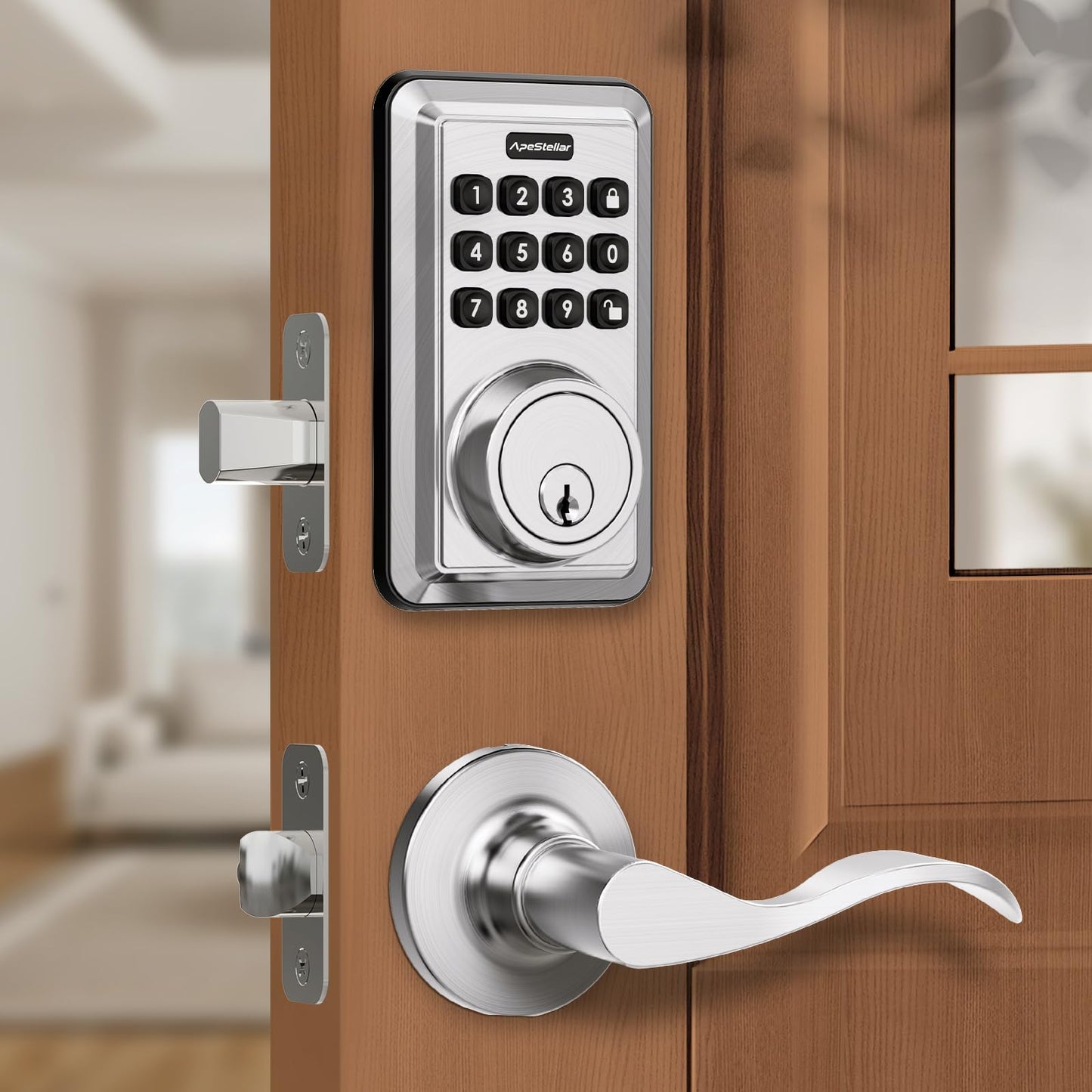 Keyless Entry Door Lock with 2 Lever Handles - Electronic Keypad Deadbolt - Front Door Lock Handle Sets - Auto Lock,Anti-Peeking Password, Easy Installation - Satin Nickel