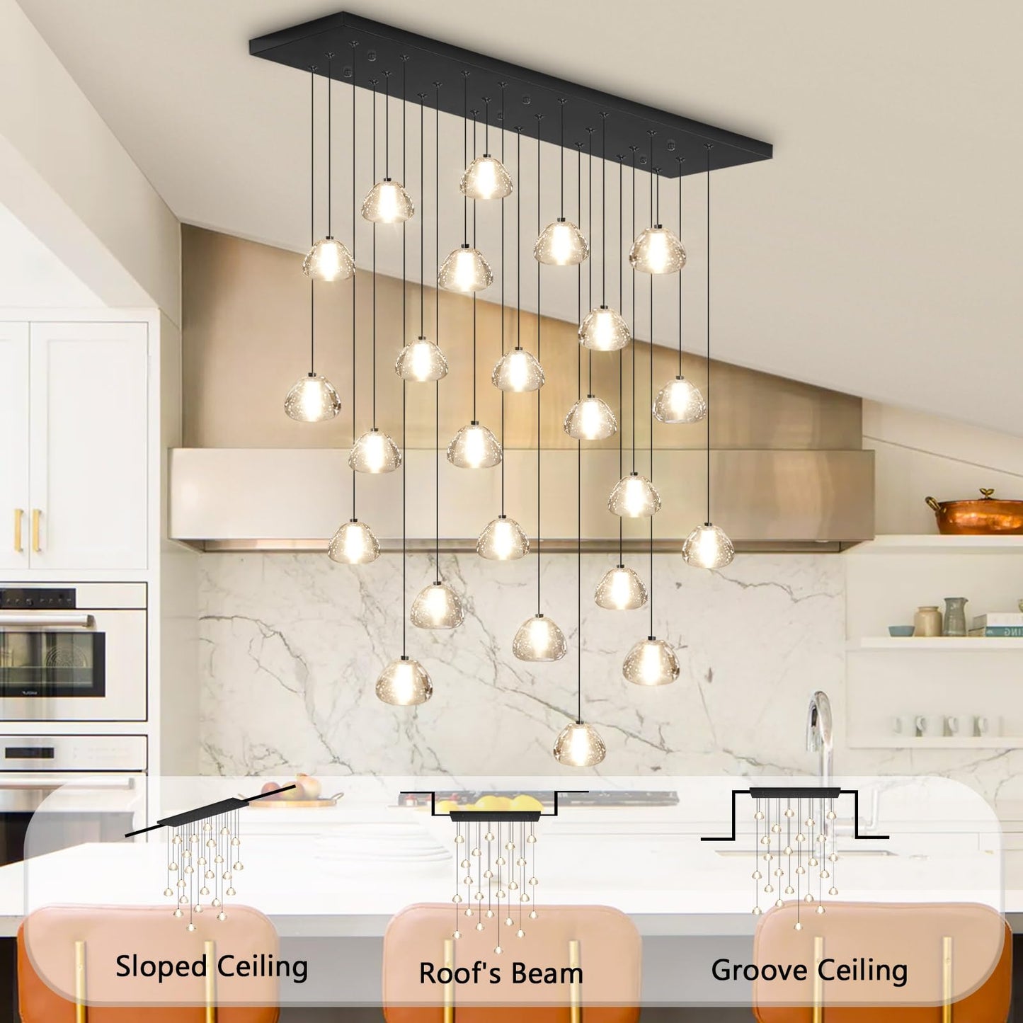Dolria 24-Lights Modern Rectangular Crystal Chandelier Led Raindrop Ceiling Pendant Light Crystal Lighting Fixture For Living Room Hotel Staircase Hallway Foyer Entryway Bedroom Black