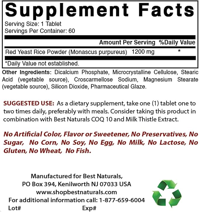 Best Naturals Red Yeast Rice 1200 Mg & Vitamin B-12 6000 mcg
