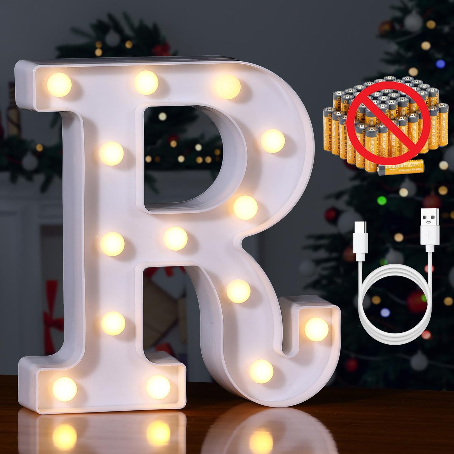 Foaky Rechargeable LED Letter Light Sign, Warm Plastic Marquee Lamp, Size R, Model Recharge-ABS for Parties and Home Decor