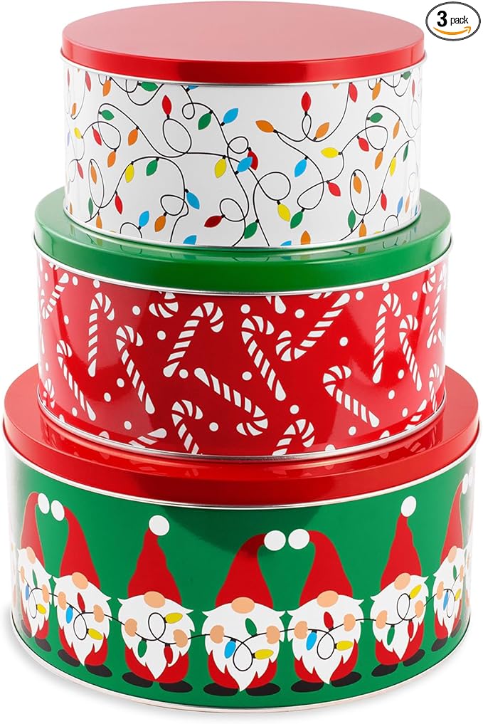 Steel Mill & Co Tin Containers with Lids, 3 Pack Christmas Cookie Tins, Festive Cookie Tins for Gift Giving & Holiday Treats, Round Metal Nesting Containers, Large Medium Small (Gnome)