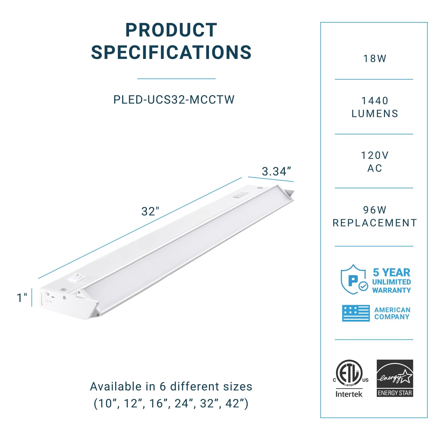 Parmida LED Swivel Under Cabinet Light, 32 Inch, 18W, Dimmable, 3CCT Color Selectable, White, Model PLED-UCS32-3CCT