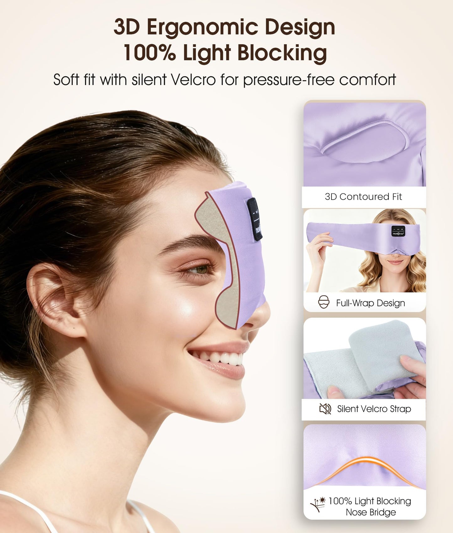 MUSICOZY 3D Silk Bluetooth Sleep Mask Headphones, Mulberry Silk Eye Mask with Ultra-Thin Wireless Speakers, Bluetooth 5.4 Sleeping Headphones for Side Sleepers, Music Sleep Mask Gifts for Men Women