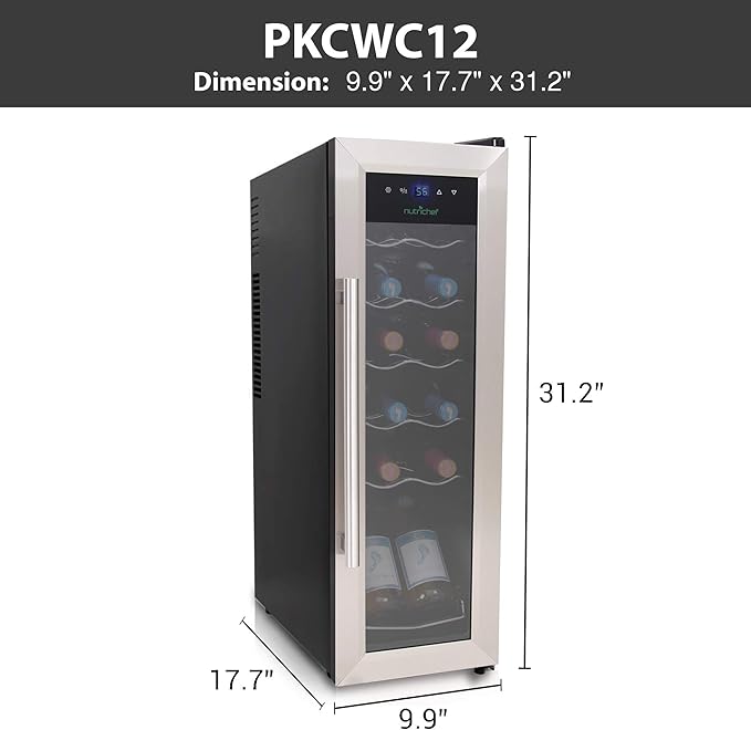 Nutrichef 12 Bottle Stainless Steel Slim Wine Fridge | Red & White Wine Chiller | Adjustable Temperature Control, Ultra Quiet Operation & Energy Efficient | Mini Wine Cooler Refrigerator | 31x10x17 IN