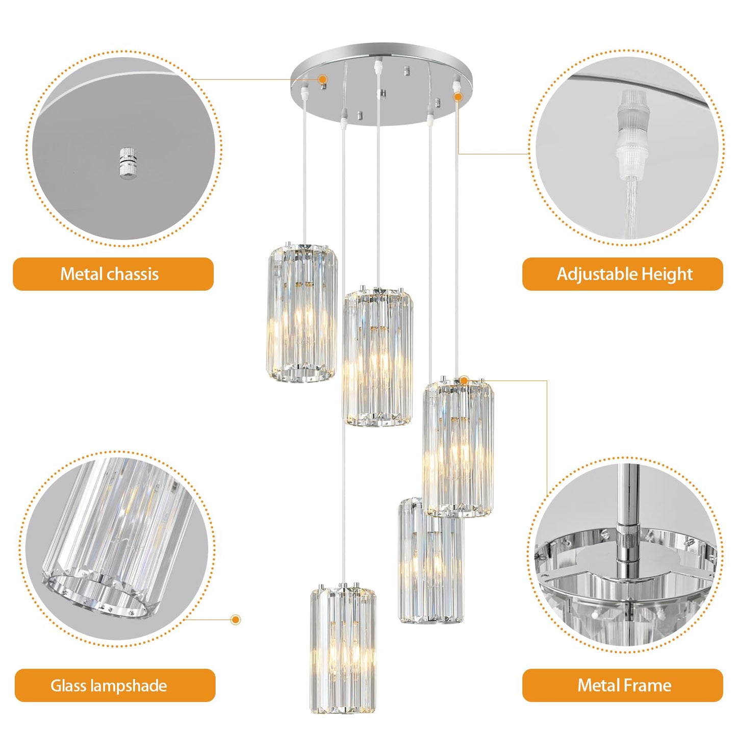 Zhllmq Chrome Pendant Lighting Modern Pendant Light  Mini Crystal Chandeliers Adjustable Pendant Light Fixture For Kitchen Island Dinning Room Corridor Bedroom(Gold 5-Light)