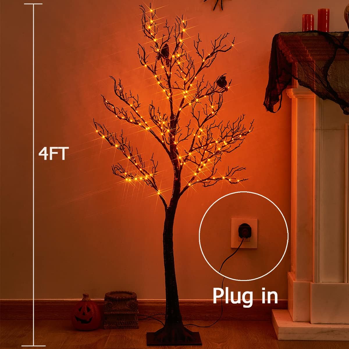 Birchlitland Halloween Tree with 150 Orange Fairy Lights, 4ft Black Glittered Decoration for Indoor/Outdoor Parties