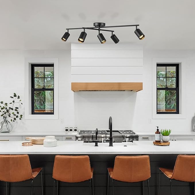 Globe Electric 64000052 5-Light Track Lighting, Center Swivel Bar, Matte Black, Ceiling Light, Track Light Heads, Pivot Shades, Track Ceiling Light, Track Lighting Kit, 5 Bulb Kitchen Light