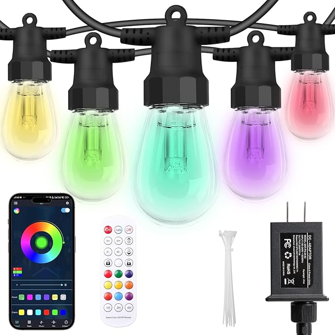 Outdoor String Lights 50FT, Outdoor Lights for Patio with 20 Dimmable RGBW LED Bulbs, IP66 Waterproof Shatterproof, with A...