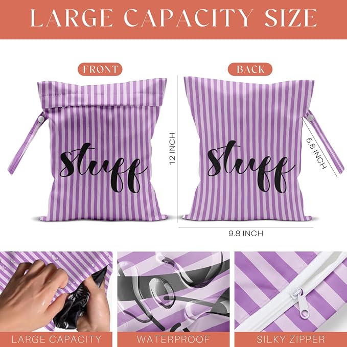 4 Pack Cute Wet Bag Waterproof Reusable Wet Dry Bag for Swimsuit Clothes Diaper Travel Pool Toiletries for Women Birthday Christmas (Stripes Purple Pink Green Yellow Face Stuff Skin Hair Organizer)