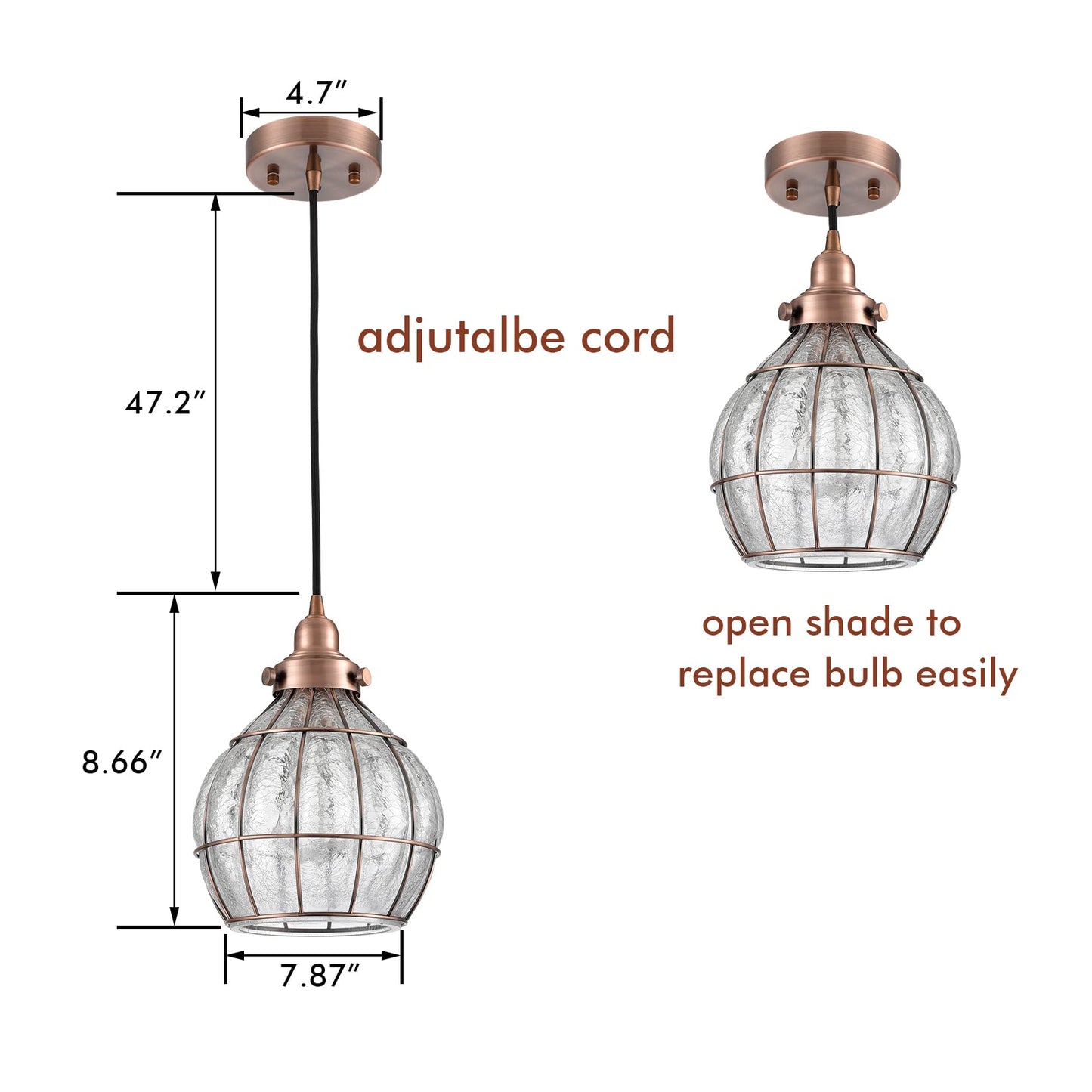 Yubole Vintage Pendant Light Fixture - Rustic Copper -  ed Glass Shade - Model Tb2020Du - Ideal For Kitchen Island, Antique Red Finish