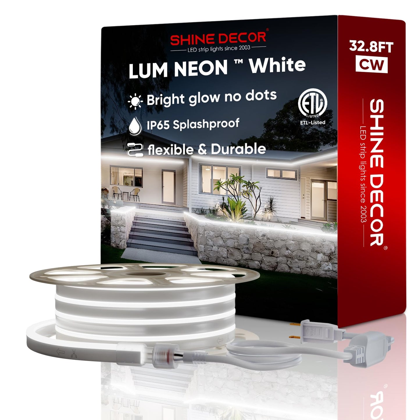 Shine Decor LED Neon Rope Lights, 32.8FT, 6300K White, Waterproof SMD2835, Indoor Outdoor Ambiance Lighting
