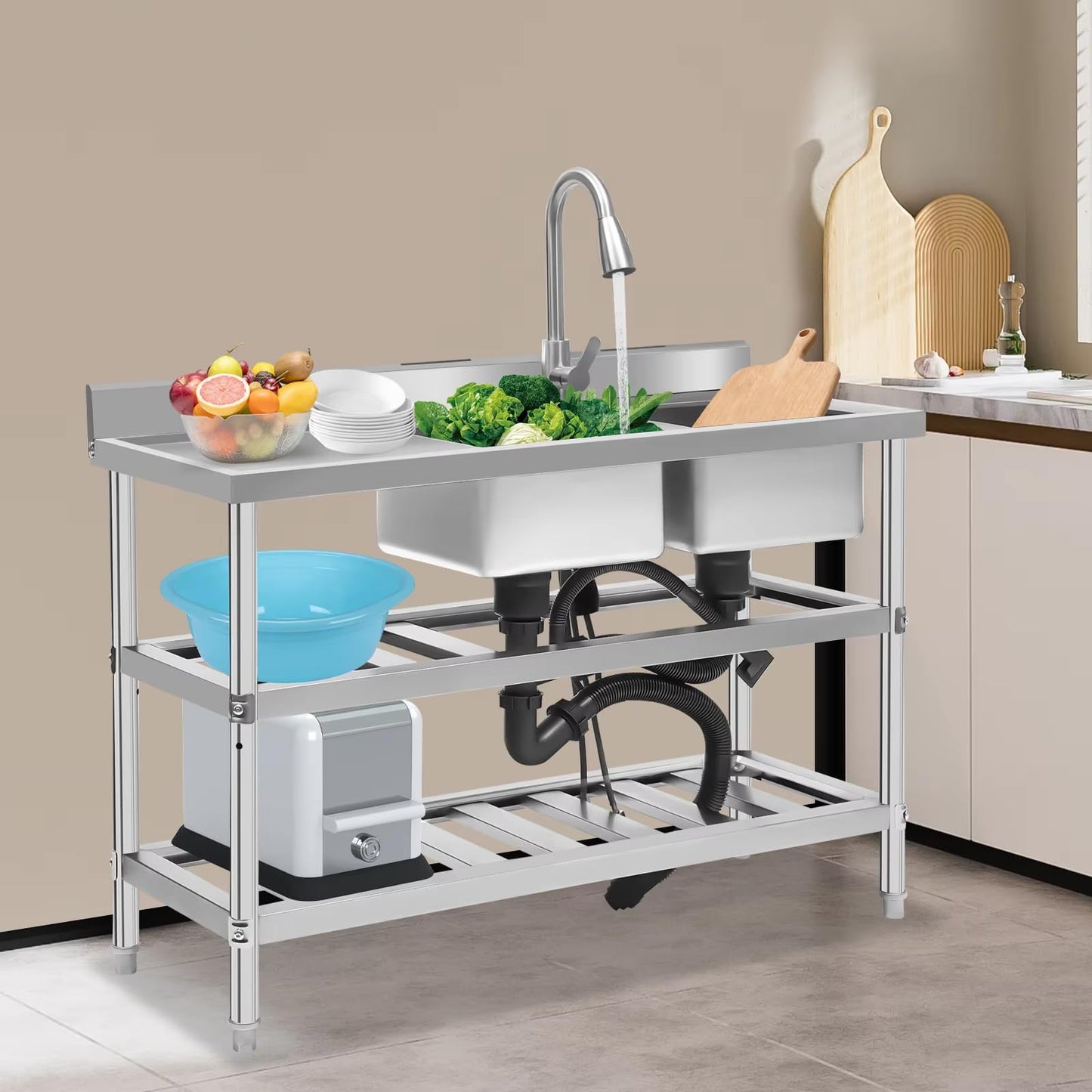 Vivrhintty Free Standing Kitchen Sink with Workbench, Stainless Steel Utility Sink with Set for Commerical, Outdoor, Garage, Laundry Room Use (47.24"D x 17.72"W x 31.89"H)