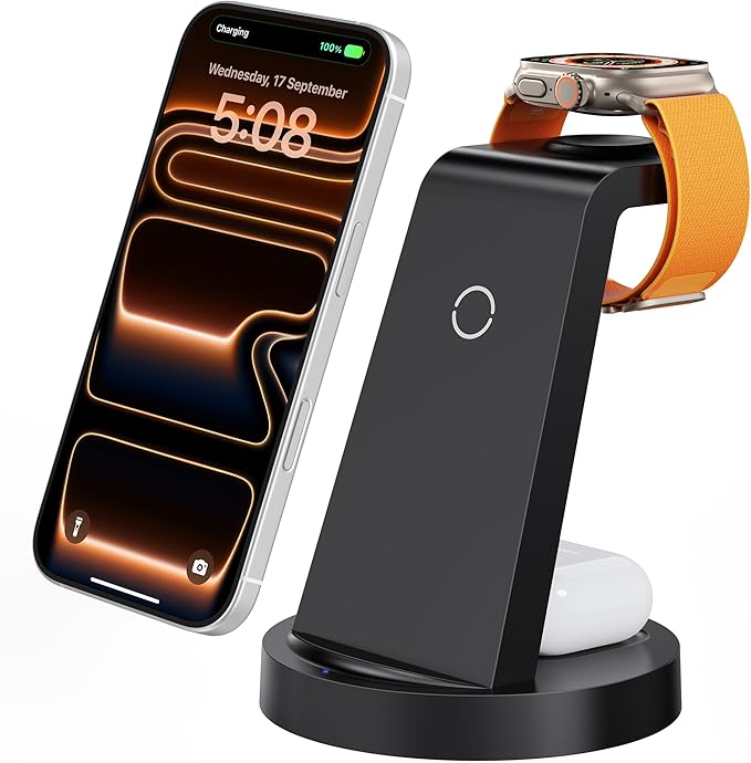 Anlmz 3 in 1 Charging Station for iPhone, Wireless Charger for iPhone 17 16e 16 15 14 13 12 11 X Pro Max & Apple Watch - W...