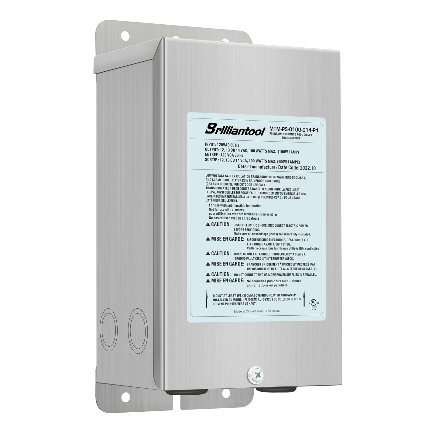 Brilliantool 100W Stainless Steel Casing Pool Light Transformer  Convert 120Vac To 12V/13V/14V Ac Multi-Tap  Weatherproof Transformer  Intended For Pool/Spa Lights And Landscape Lighting (100  Watts)