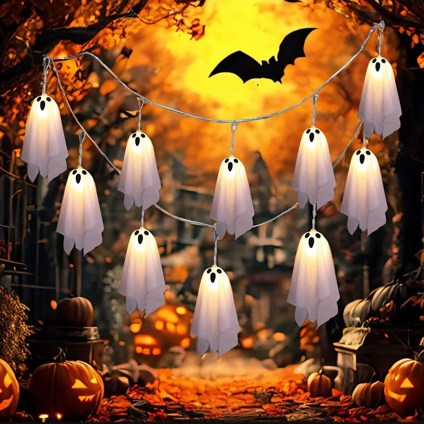 Tbgenius Halloween Ghost Decor  10Pcs Spooky Ghosts String Lights Battery Operated With Timer 8 Lighting Mode For Home Window Indoor Outdoor Halloween Party Decorations