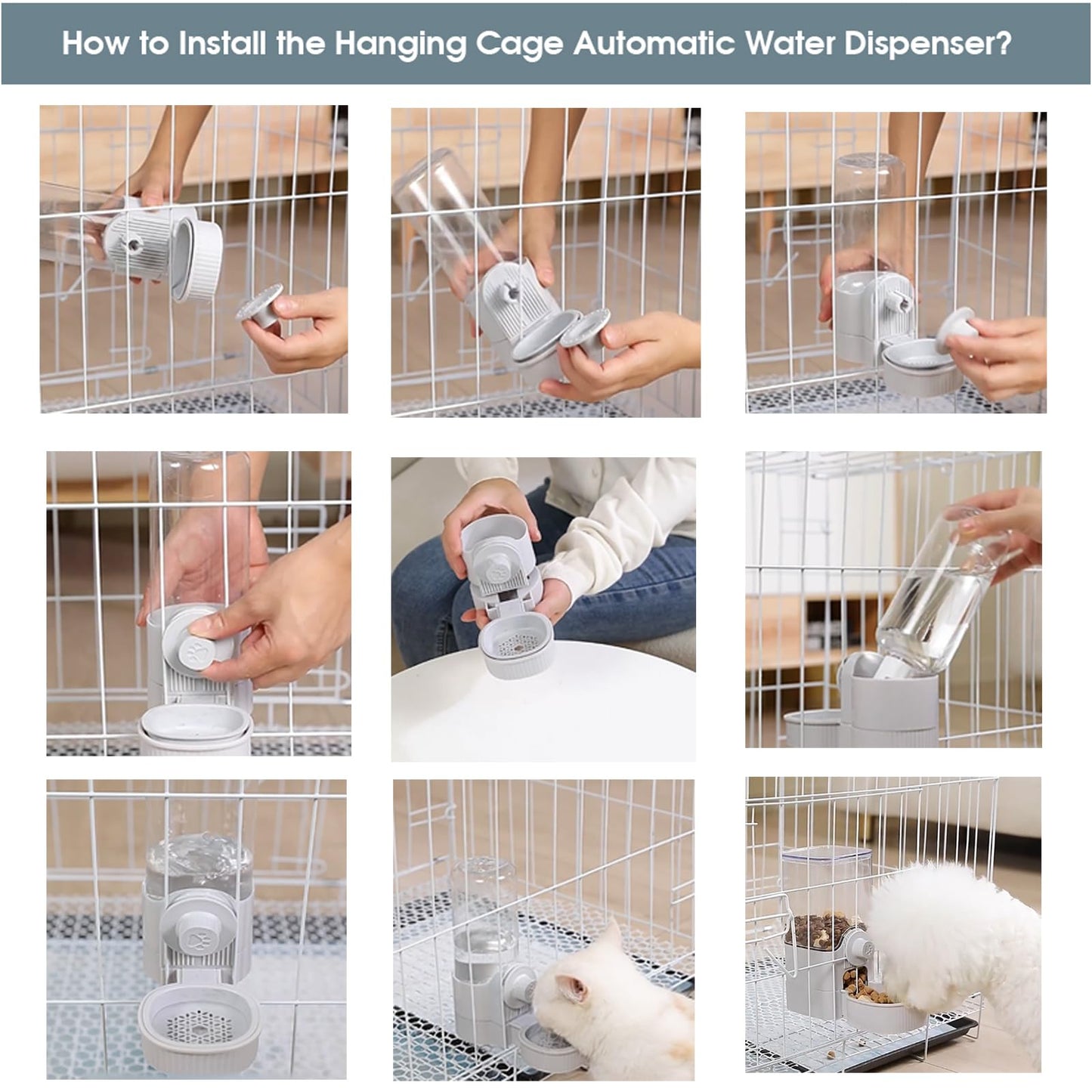 Yummy Sam Hanging Cage Automatic Small Pet Food Bowl Water Bottle Dispenser, Detachable Auto Gravity 1.2L Self-Feeding Feeder and 0.52L Waterer Set Kennel Feeding Station for Puppy Cats Rabbit(Grey)