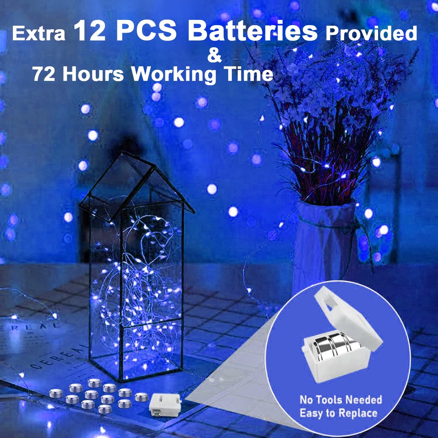 Merfino 12 Pack Battery Operated Fairy Lights, 20 LED, 7Ft, Waterproof, 3 Speed Modes, Extra Batteries, Blue, Model ZLDC01#