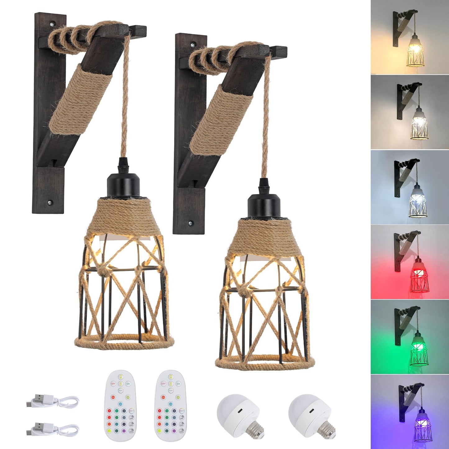SEEBLEN Battery Operated Wall Sconce Set of Two, RGB Colors, Wireless Rechargeable, Dimmable, Black, 2 Pack