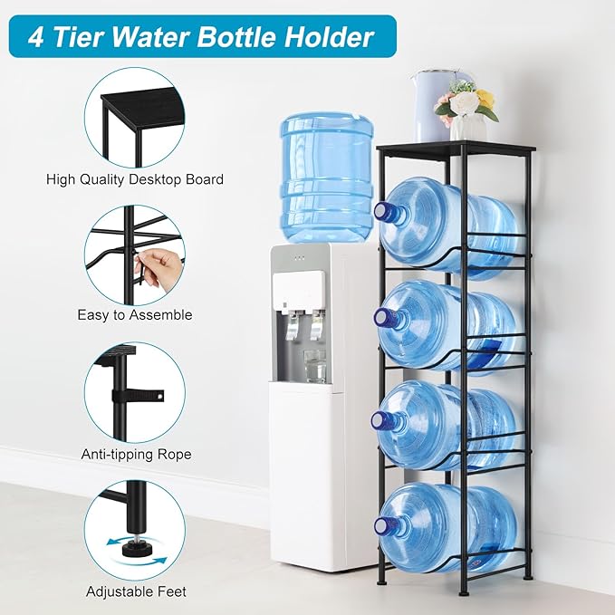 ETELI 5 Gallon Water Jug Holder 4 Tier Gallon Water Bottle Holder with Storage Shelve Water Cooler Jug Rack Stand for 5 Gallon Water Dispenser Organizer for Kitchen, Office, Living Room, Black