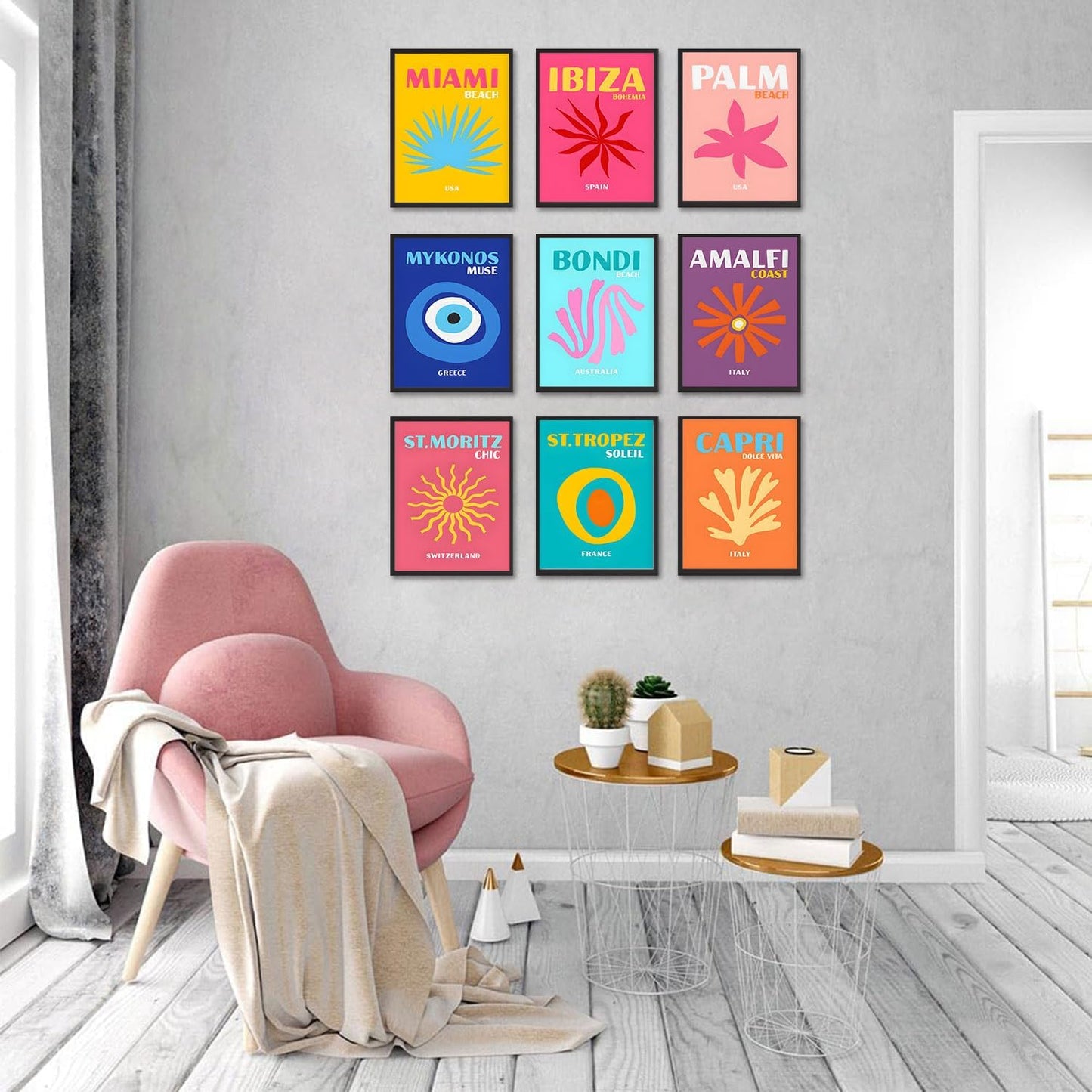 9Pcs Preppy Travel Wall Art Prints Colorful Abstract Aesthetic Room Decor Pictures Trendy Canvas Posters for Teen Girls Bedroom Apartment College Dorm Decoration, Unframed
