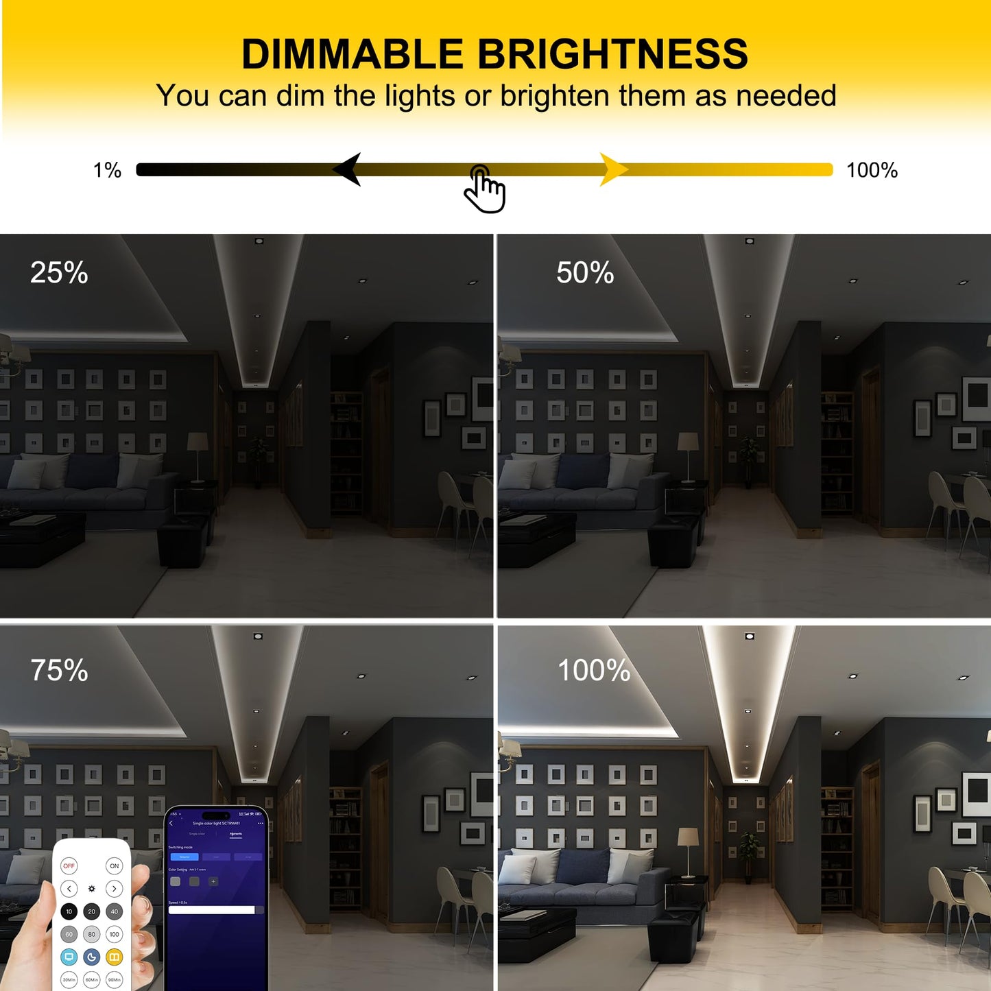 Pandery COB LED Strip Lights, 24FT Dimmable, 6000K Cool White, Flexible, Cuttable, Model PD-COB-24V, Remote & App Control