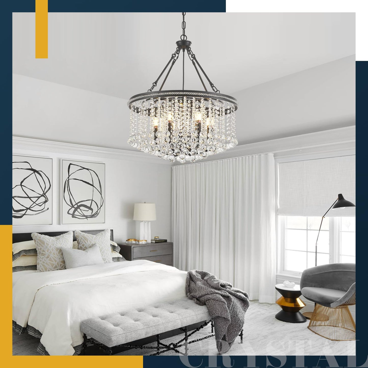 6-Light Black Crystal Chandelier Modern 21.6 Contemporary Round Pendant Chandeliers Crystal Ball stylish Ceiling Hanging Lighting For Living Dining Room Kitchen Island Bedroom Entryway Foyer