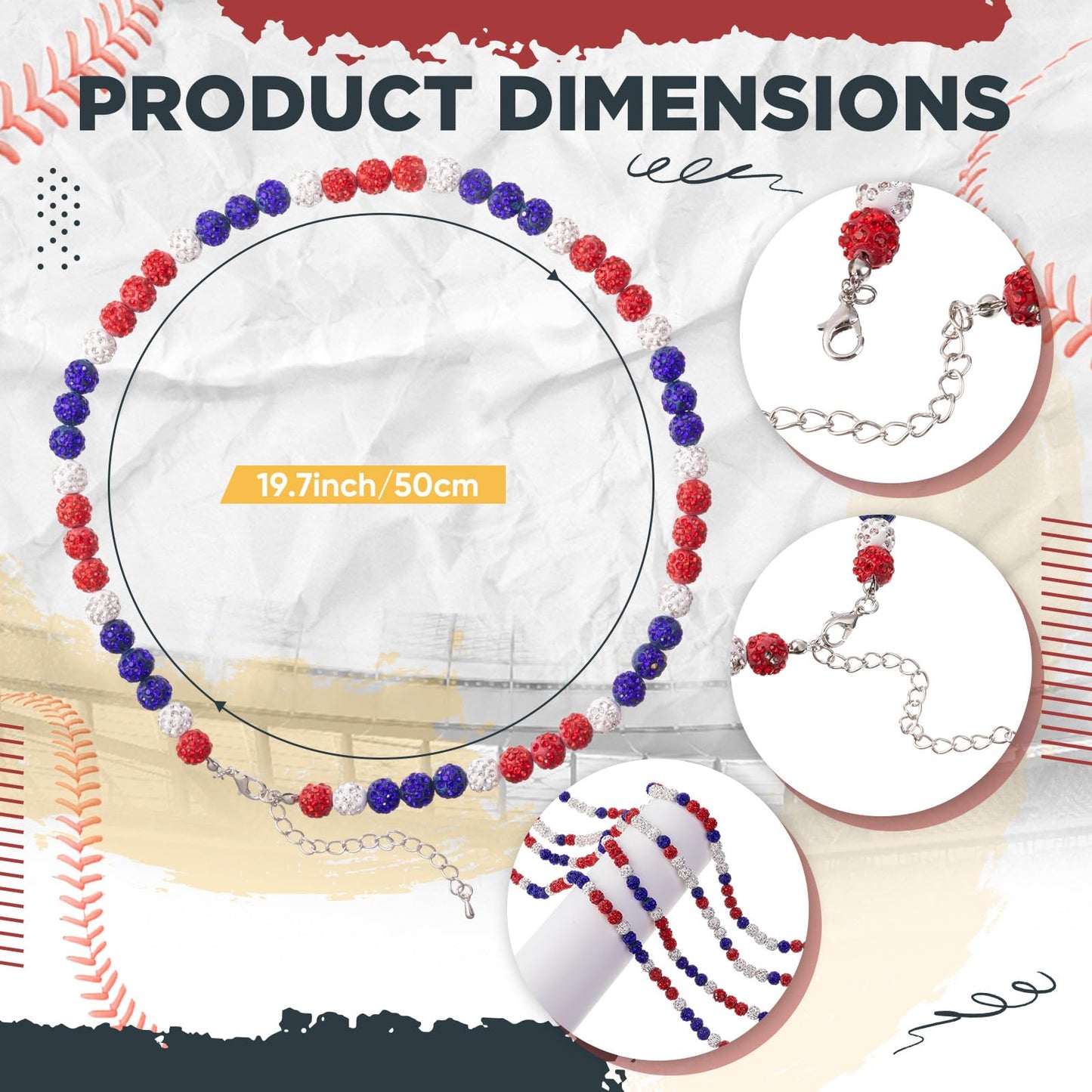 Landical 12 Pcs Bling Baseball Necklace Ice Beaded Baseball Necklace Cool Gifts Bulk for Team Players Lovers Fans(White, Red and