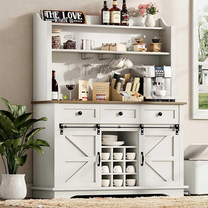 63 Inch Tall Coffee Bar Cabinet with 3-Tier, Kitchen Hutch with 3 Large Drawers, Farmhouse Coffee Bar with 9 Wine Racks & 3 Glass Holders, Wine Storage Cabinet for Living Dining Room, White