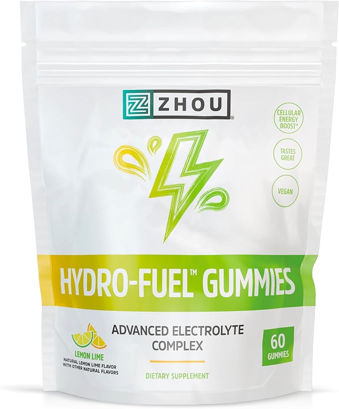 Zhou Hydro-Fuel Gummies - Electrolyte Gummies, Hydration Salt Chews with Sodium, Potassium & Magnesium Chewables, Energy & Endurance for Women & Men - Lemon Lime, 60 Veggie Gummies