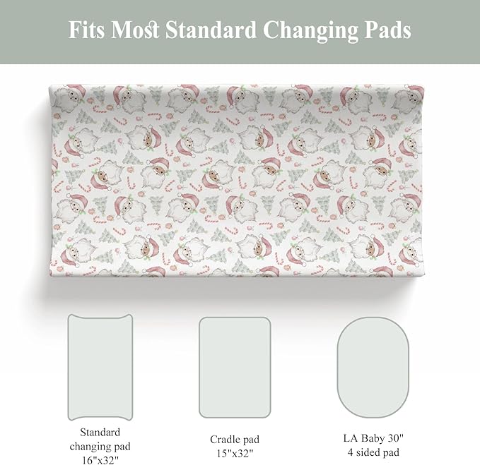 Pastel Santa Christmas Trees Baby Changing Pad Covers for Boys Girls Pink Santa Claus Candy Fitted Changing Table Cover Mats Winter Holiday Festive Soft Diaper Change Table Cover Sheets 32''×16''