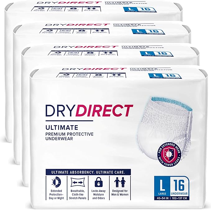 Dry Direct Ultimate Underwear, Made-in-USA Adult Diapers, Max Absorbency Disposable Incontinence Protection - Large (Case of 64)