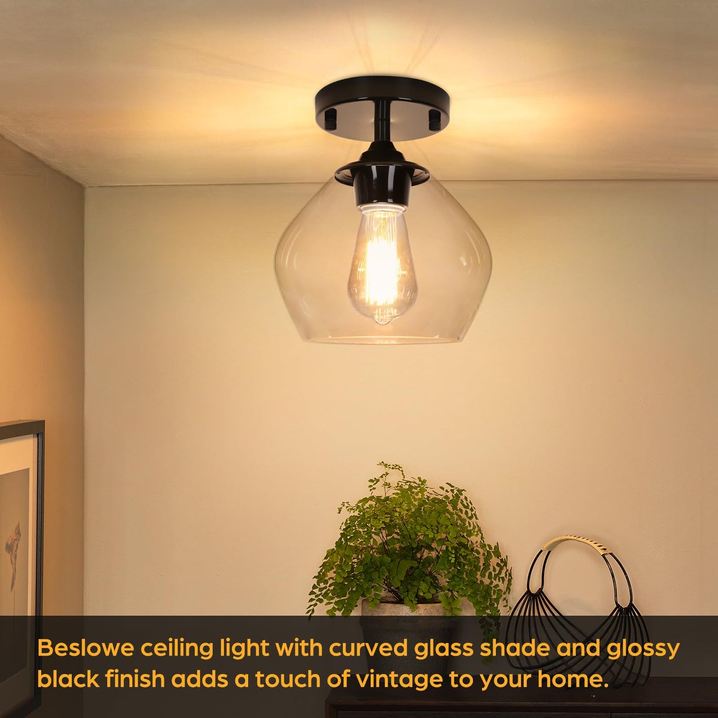 BesLowe Modern Semi Flush Mount Ceiling Light, Black Glass Shade, Model C2508-01-BK, Ideal for Hallway, Bedroom, Dining Room, Foyer