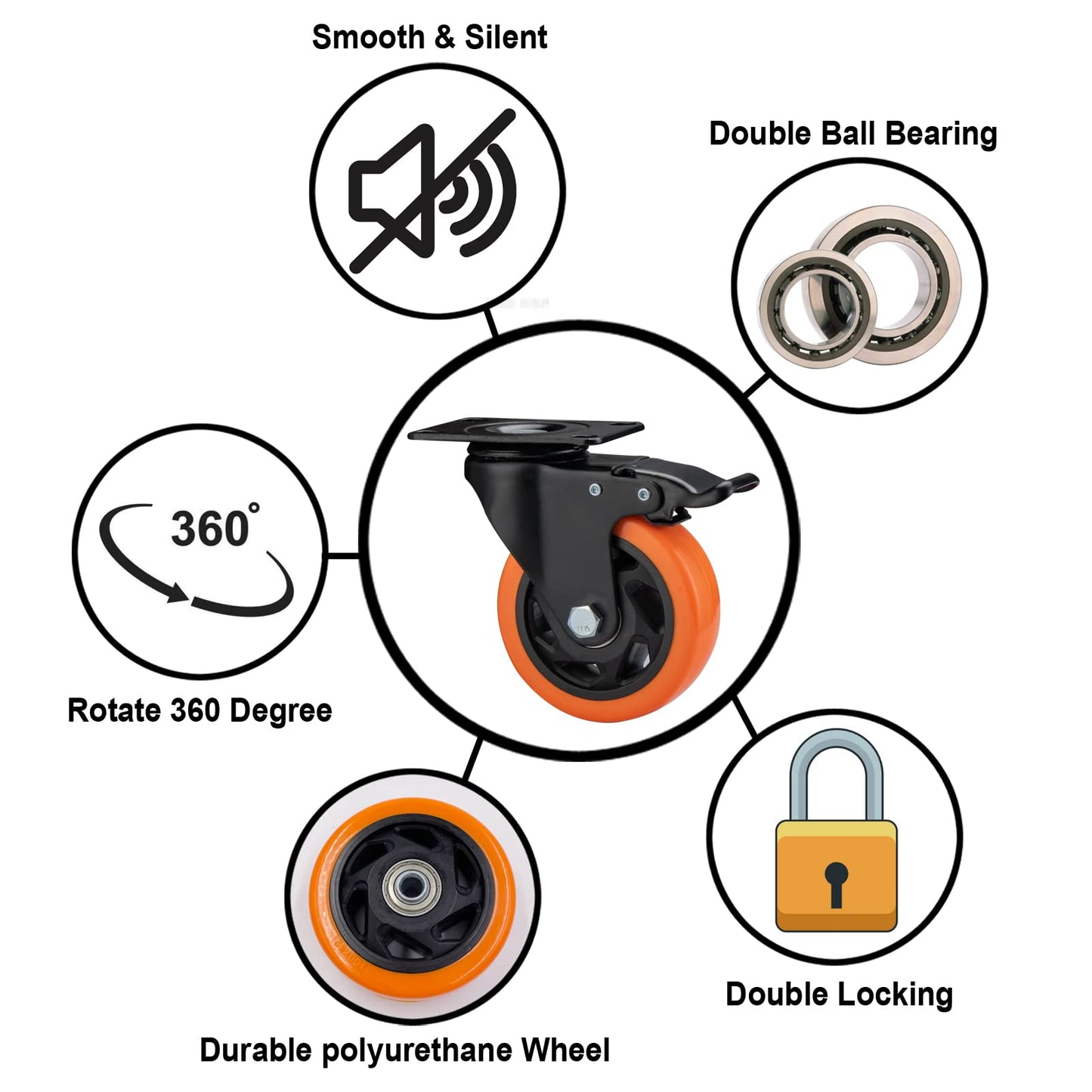 ASRINIEY 4" Caster Wheels, Casters Set of 4 Heavy Duty - Orange Polyurethane Castors, Top Plate Swivel Wheels, 4-Pack Industrial Casters with Brake, Locking Caster for Furniture and Workbench