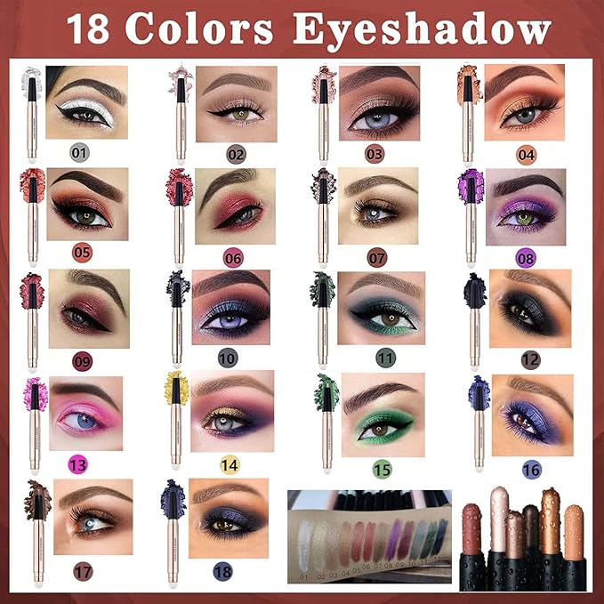 Pink Eyeshadow Stick Makeup, Highlighter Matte Cream Eye Shadow Pencil, Waterproof Hypoallergenic Long Lasting Crayon, Glitter Primer Palette Shimmer Eyeliner Pen wiht Soft Brush