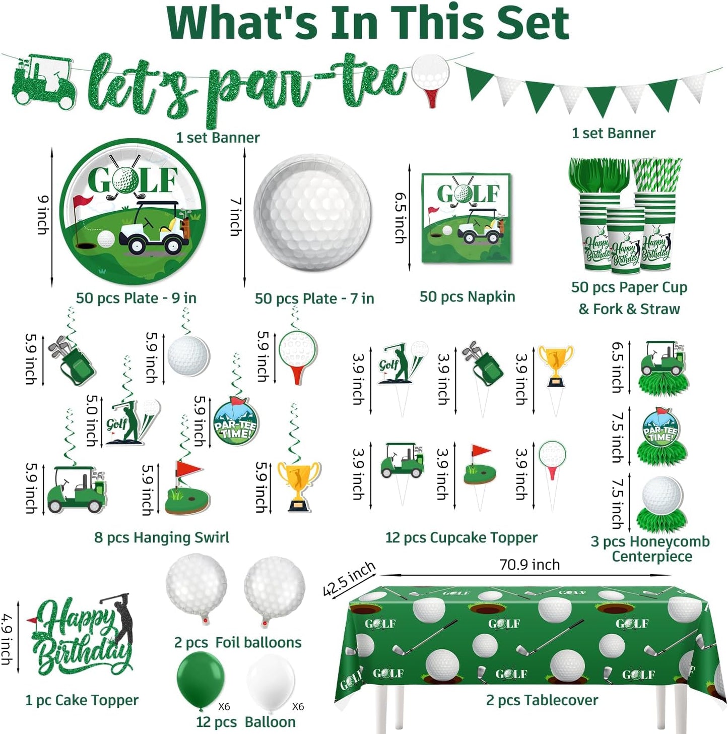342pcs Golf Party Decorations, Golf Birthday Decorations Include Golf Plates and Napkins Set, Banner Hanging Swirls Tablecloth Cupcake Topper Balloon, for Golf Birthday Party Decorations, Serves 50