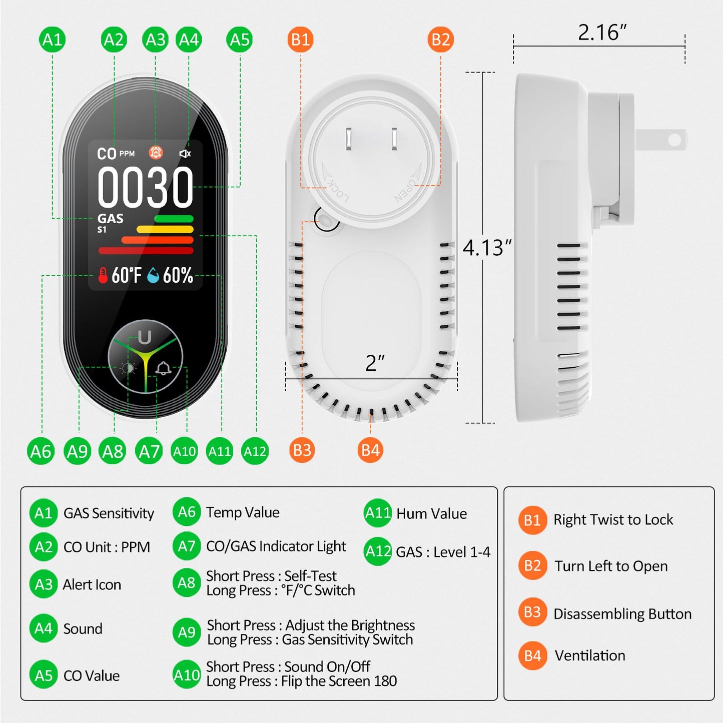 4-in-1 Carbon Monoxide Detectors & Natural Gas Leak Detector Plug in, Combination CO Detector & Combustible Gas, LPG, Methane, Propane Alarm with Fahrenheit(°F) & Humidity(1 Pack)