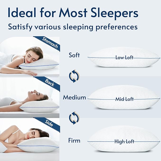 viewstar Queen Pillow Shredded Memory Foam Pillow, Adjustable Single Firm Pillow for Side Back Stomach Sleepers, Gel Bed Pillow for Sleeping with Washable Removable Cover 19"x 28"