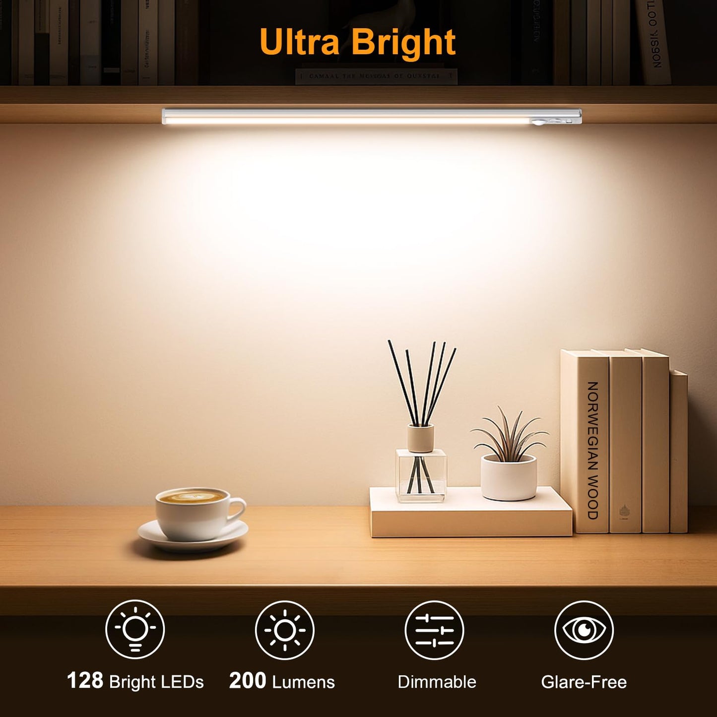 Gritin Under Cabinet Lighting - 128 LED, 3-Color, 5 Brightness Levels, Motion Sensor, 14.7 inch, Silver, 2 Pack, Model G1358