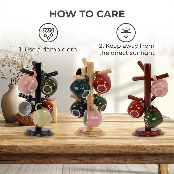 Mug Tree Set of 2 | 13.5"x7"x7", 6 Hooks Cup Holder with Thick Rubberwood Base, Wooden Coffee Mug Holder Stand for Countertop, Kitchen Table, Cup Organizer Rack for Mugs or Utensils