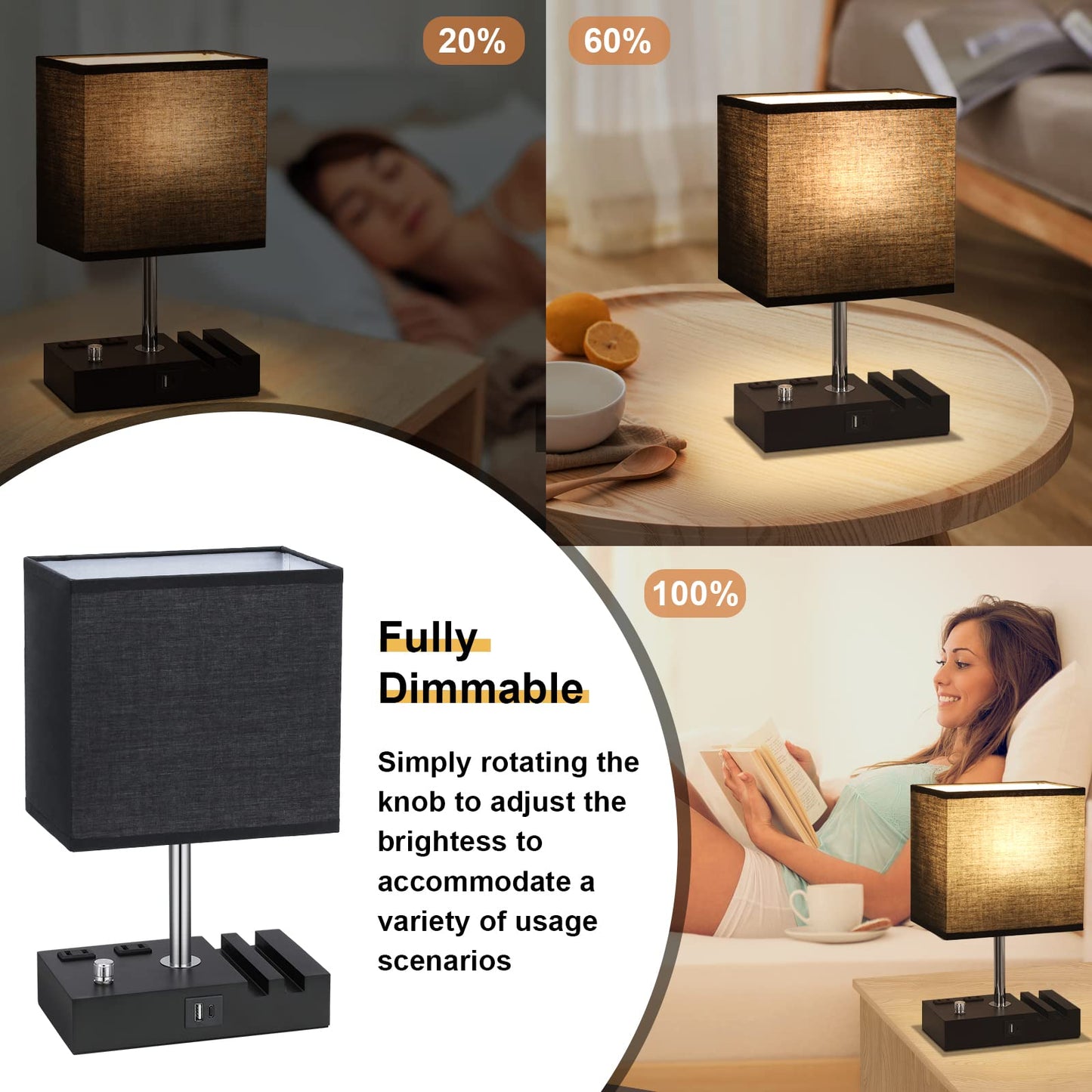 Kakanuo Bedside Lamps Set of 2, Fully Dimmable with USB C Ports, Black Lampshade, Wooden Desk Lamp for Nightstand and Living Room