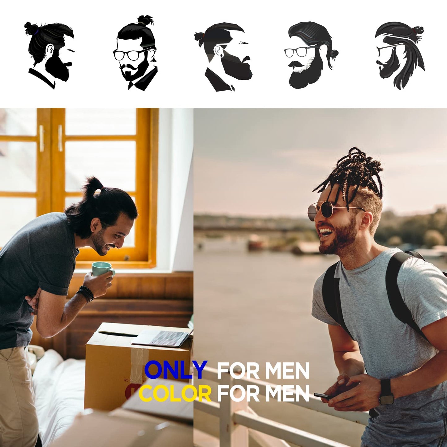HAVHAF Knotted Men's Hair Ties - 8pcs (Thin, Denim) - No Damage Crease Breakage Bun Hair Tie For Men with Long, Curly, Thick Hai