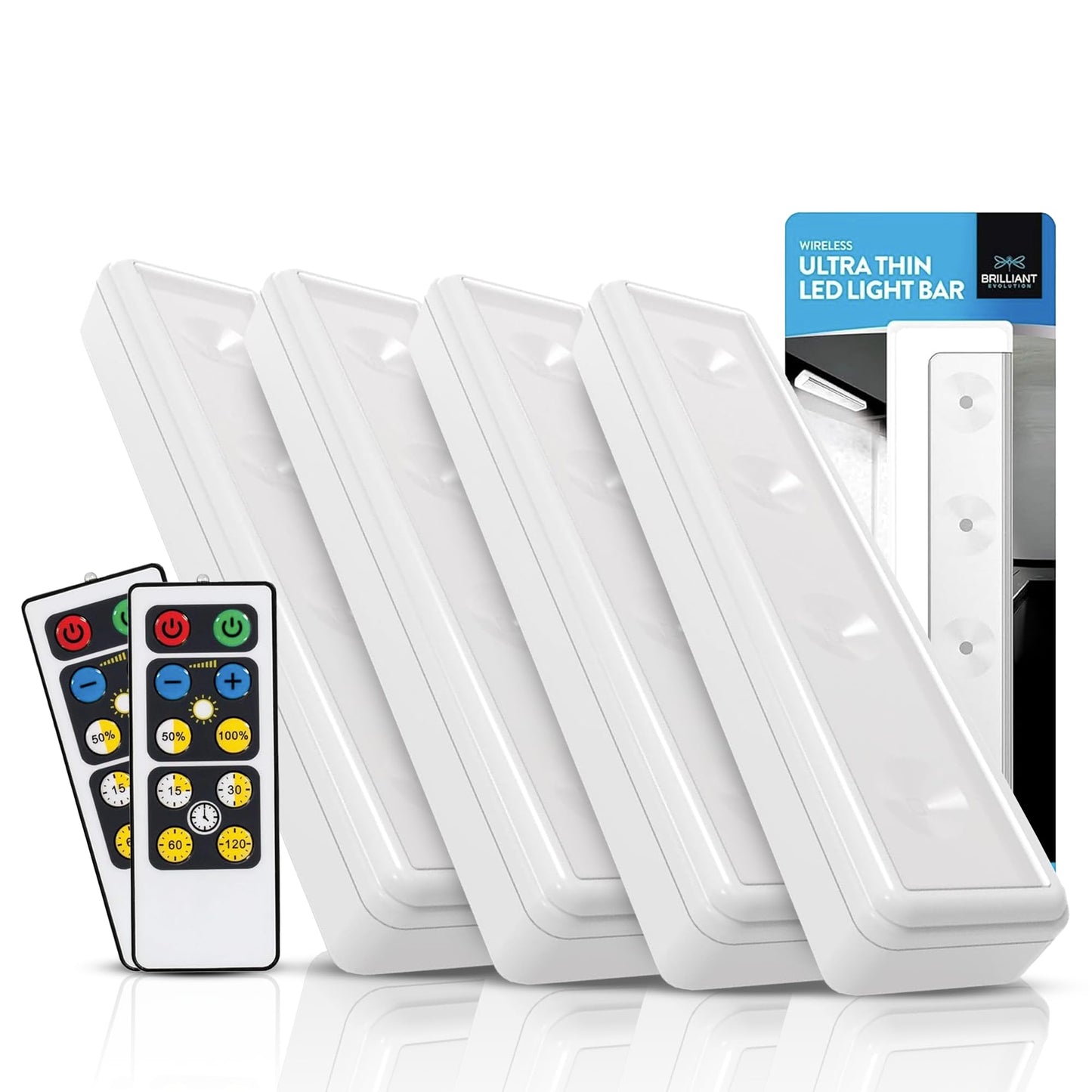 Brilliant Evolution Wireless Led Under Counter Lights, 4-Pack, 3000K Warm White, Battery Operated, Model Brrc120Ir4, Stick On Fixtures