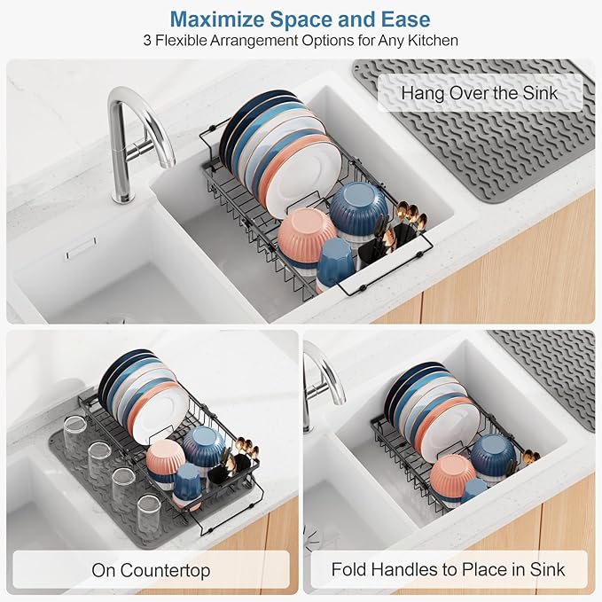 iSPECLE in Sink Dish Drying Rack - Capacity Expandable Over Sink Dish Rack with Mat (15.8"- 20.7"), Dish Drainer for Kitchen Counter with Utensil Holder Large Capacity, Black
