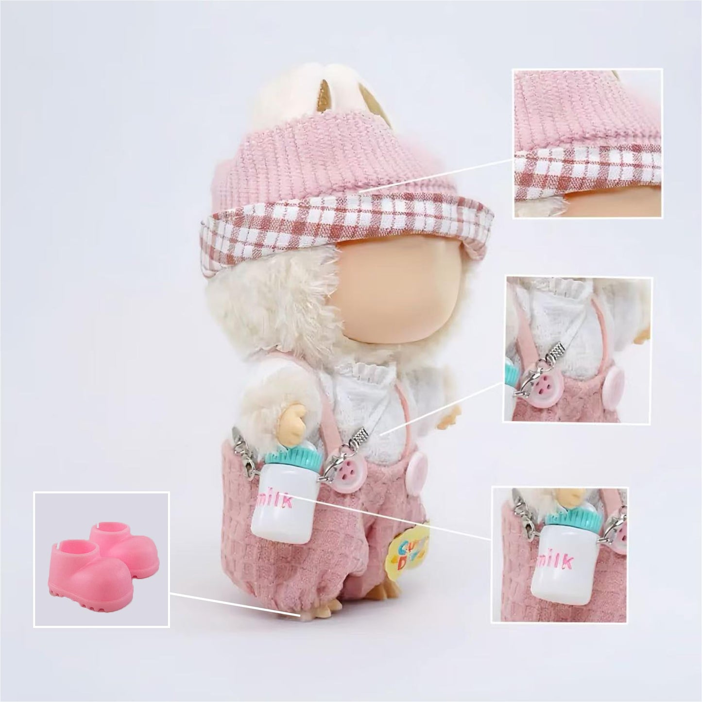 Clothes for Labubu - 5 Pieces Clothing Set for 15cm&17cm Labubu, Cute Dolls Outfits for Girls, with Headband + Undershirt + Overalls + Shoes + Milk Bottle(Pink)