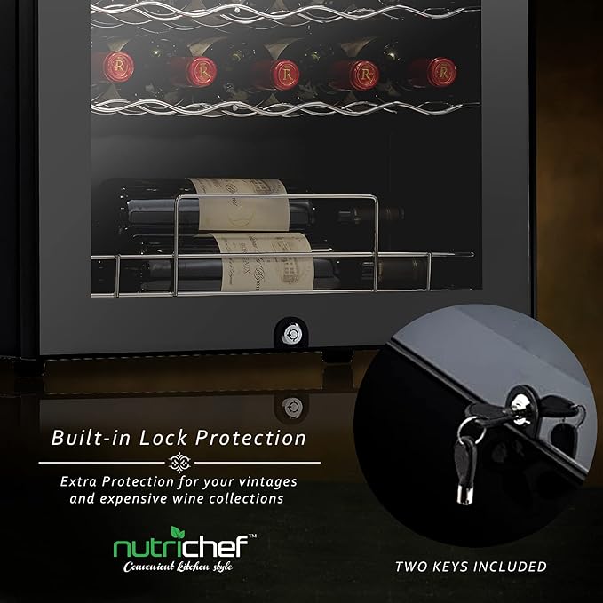 NutriChef PKCWC340 Wine Fridge, 34 Bottle Single Zone Beverage Chiller, 93.5L Capacity, 33x19x17 IN, Black