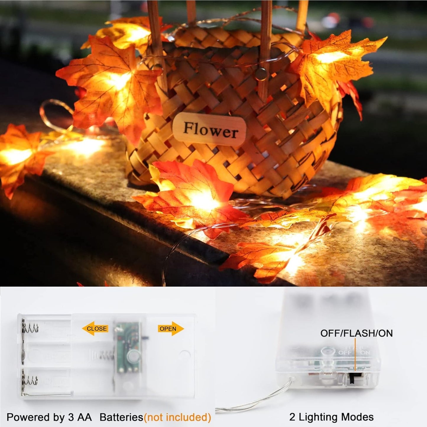 Runleo Maple Leaf Lights Garland, 40Ft, 80LED, Battery Operated, Orange, 4 Pack, Autumn Harvest Decor